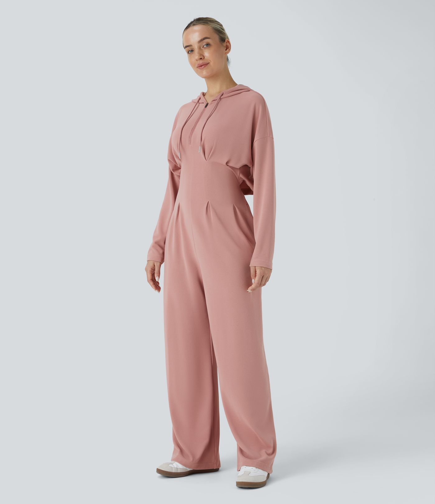 Hooded Drawstring Zipper Pocket Cut Out Waffle Casual Jumpsuit