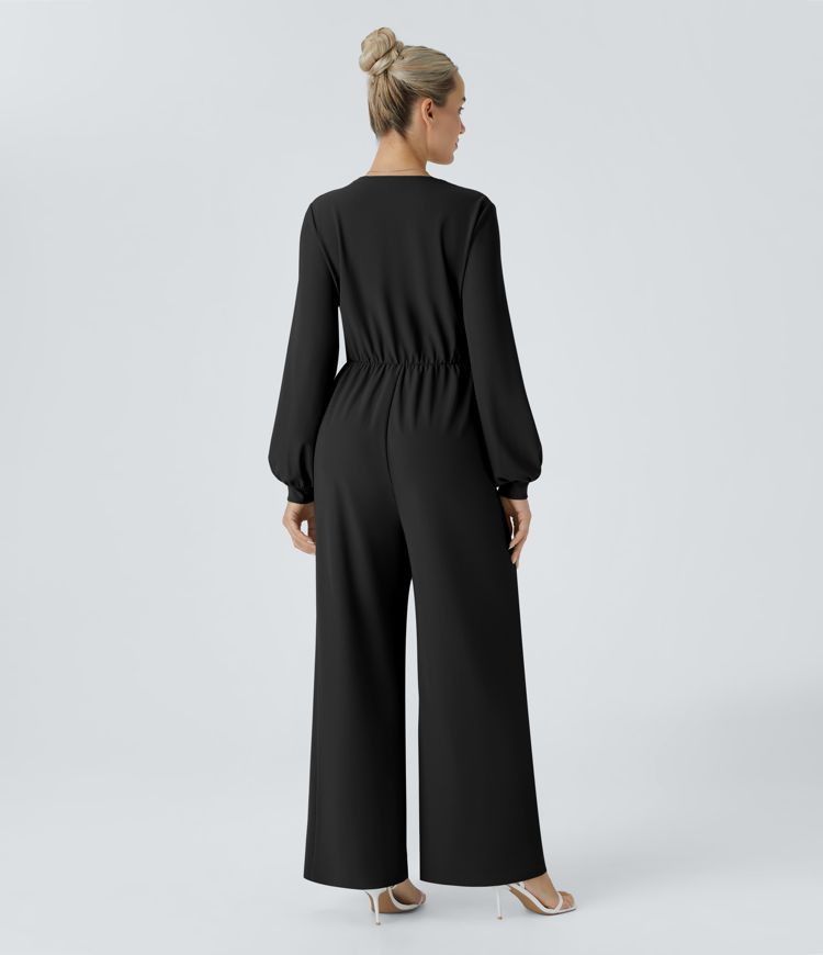 V Neck Snap Button Tie Front Side Pocket Wide Leg Micro Waffle Work Jumpsuit