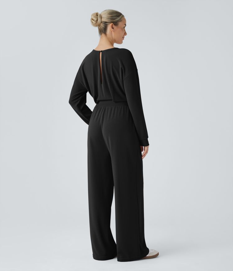 Round Neck Back Button Drawstring Side Pocket Waffle Casual Jumpsuit