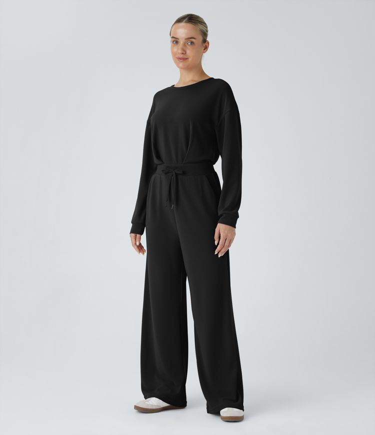 Round Neck Back Button Drawstring Side Pocket Waffle Casual Jumpsuit