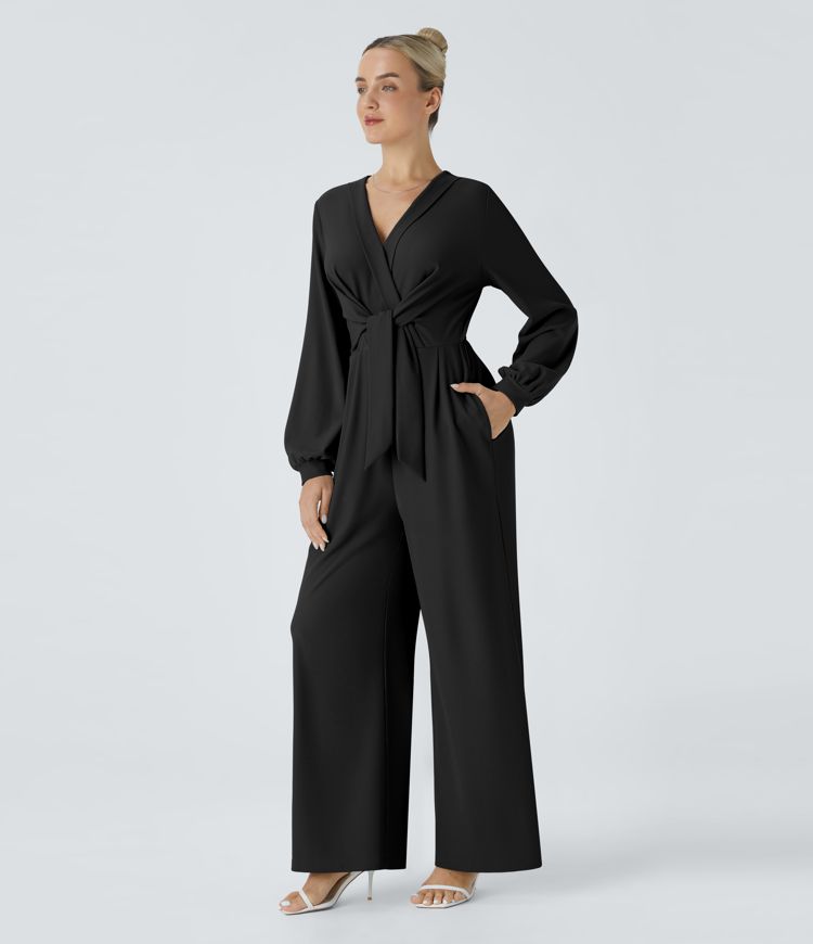 V Neck Snap Button Tie Front Side Pocket Wide Leg Micro Waffle Work Jumpsuit