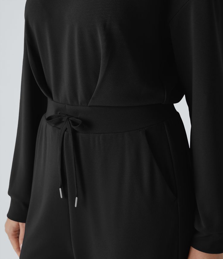 Round Neck Back Button Drawstring Side Pocket Waffle Casual Jumpsuit