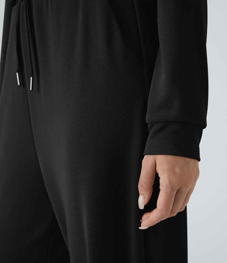 Round Neck Back Button Drawstring Side Pocket Waffle Casual Jumpsuit