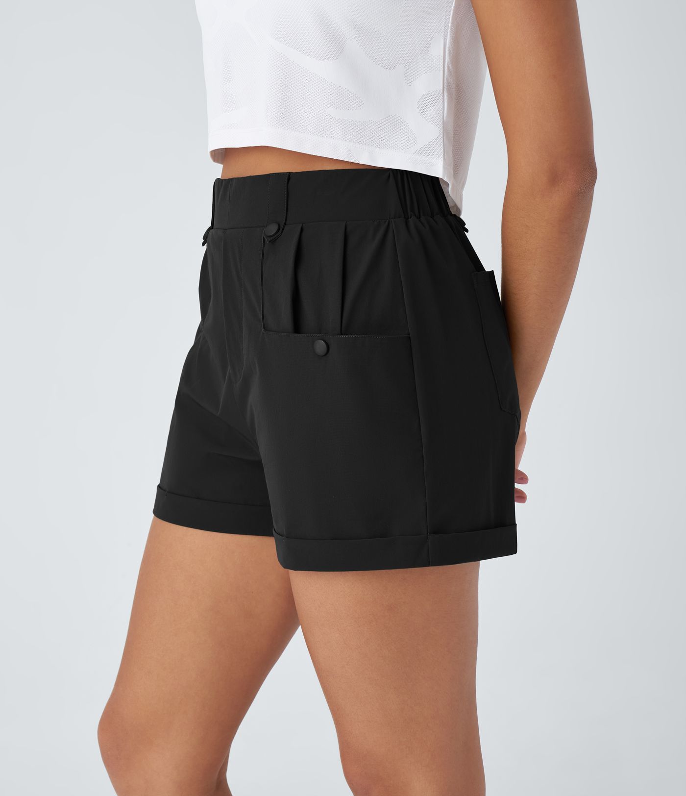 Short de randonnée imperméable à taille haute, plissé, avec poches et ourlet roulé