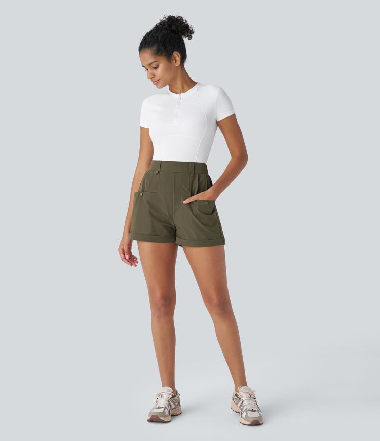 Waterproof High Waist Pleated Multi-Pocket Roll Hem Hiking Shorts