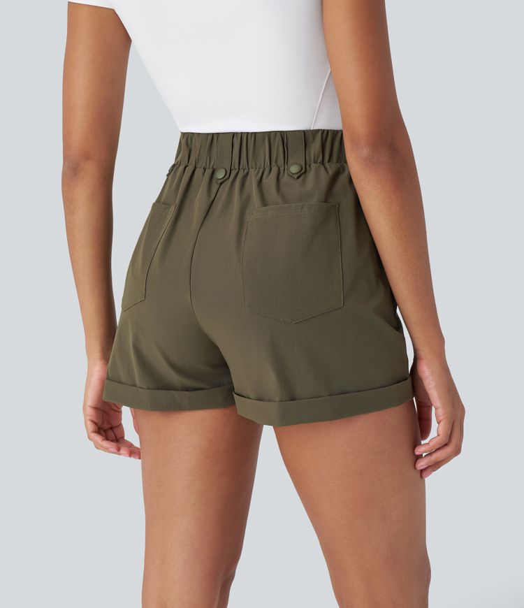 Waterproof High Waist Pleated Multi-Pocket Roll Hem Hiking Shorts