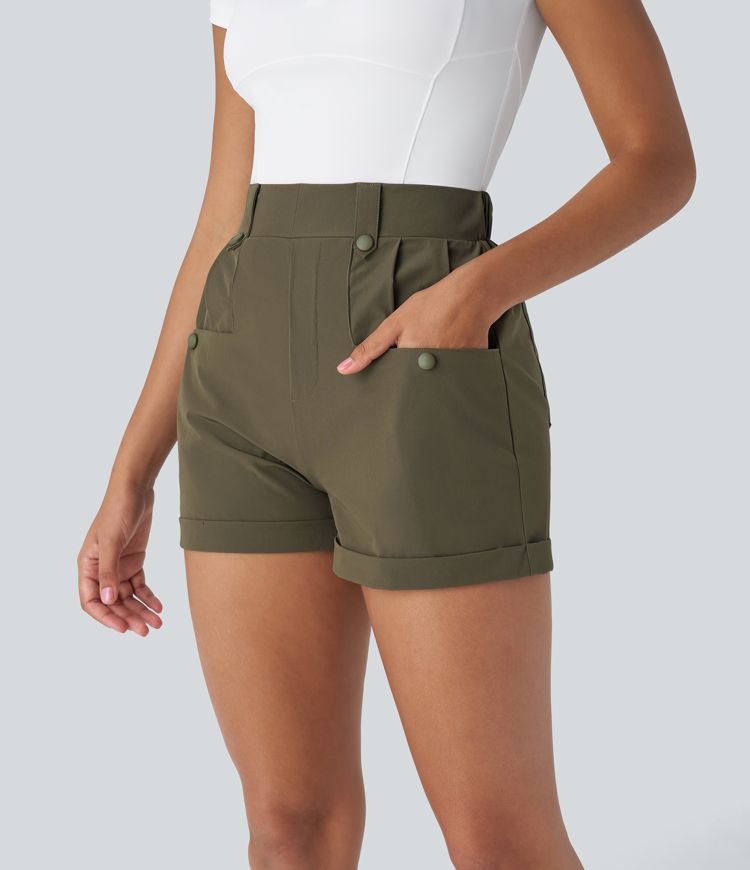 Waterproof High Waist Pleated Multi-Pocket Roll Hem Hiking Shorts