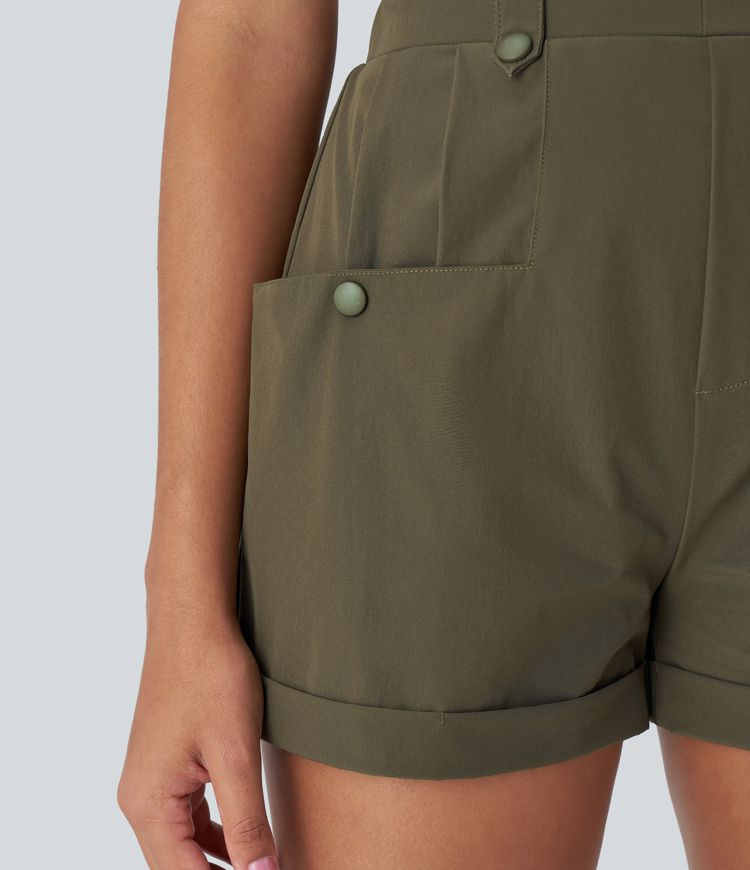 Waterproof High Waist Pleated Multi-Pocket Roll Hem Hiking Shorts