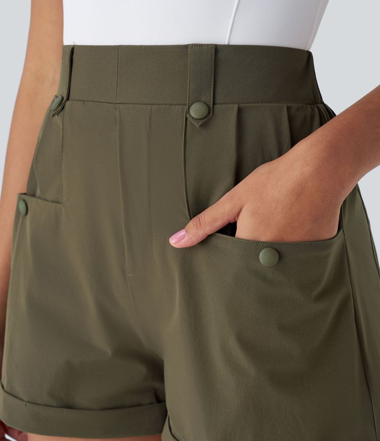 Waterproof High Waist Pleated Multi-Pocket Roll Hem Hiking Shorts