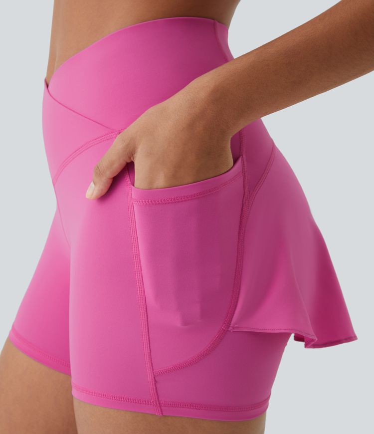 Breezeful™ High Waisted Crossover Pocket Back Flare Quick Dry Yoga Shorts