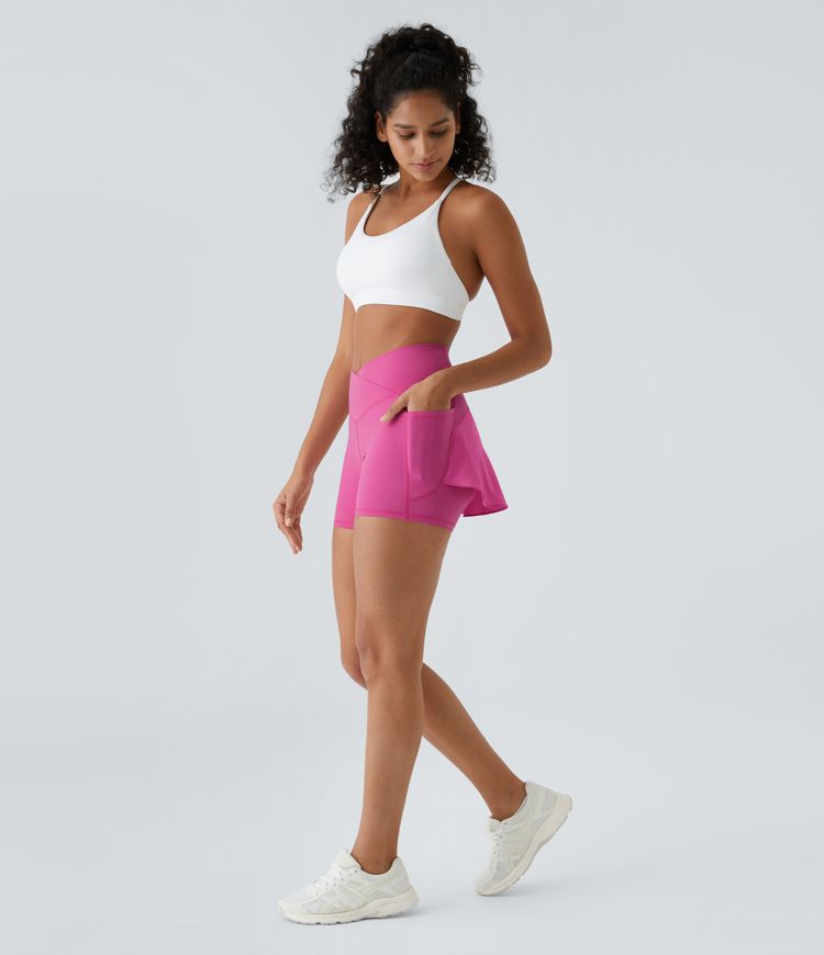 Breezeful™ High Waisted Crossover Pocket Back Flare Quick Dry Yoga Shorts