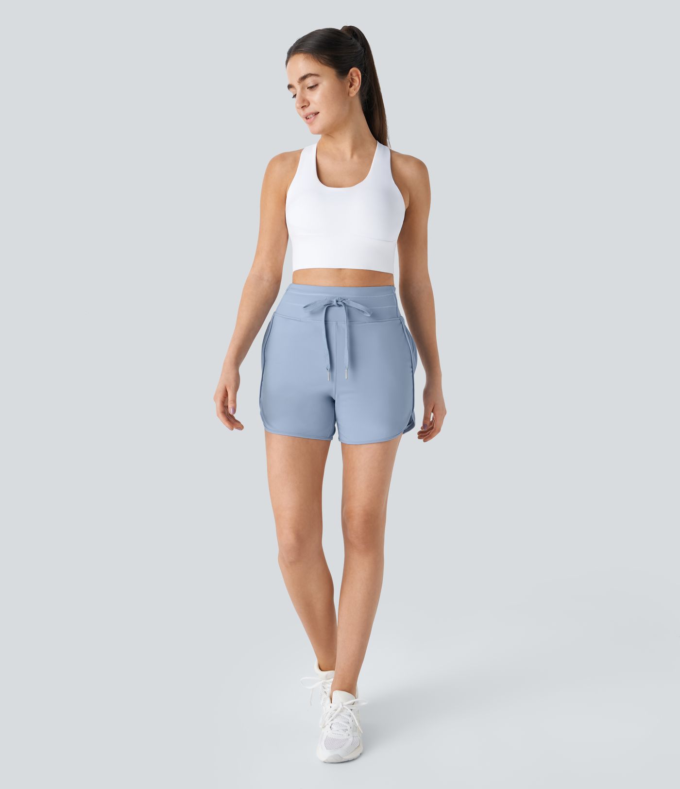 High Waisted Drawstring Pockets Curved Hem Yoga Shorts