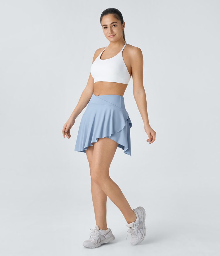 SoftlyZero™ Airy High Waisted Crossover 2-in-1 Pocket Asymmetric Tiered Hem Flowy Mini Cool Touch Skirt-UPF50+