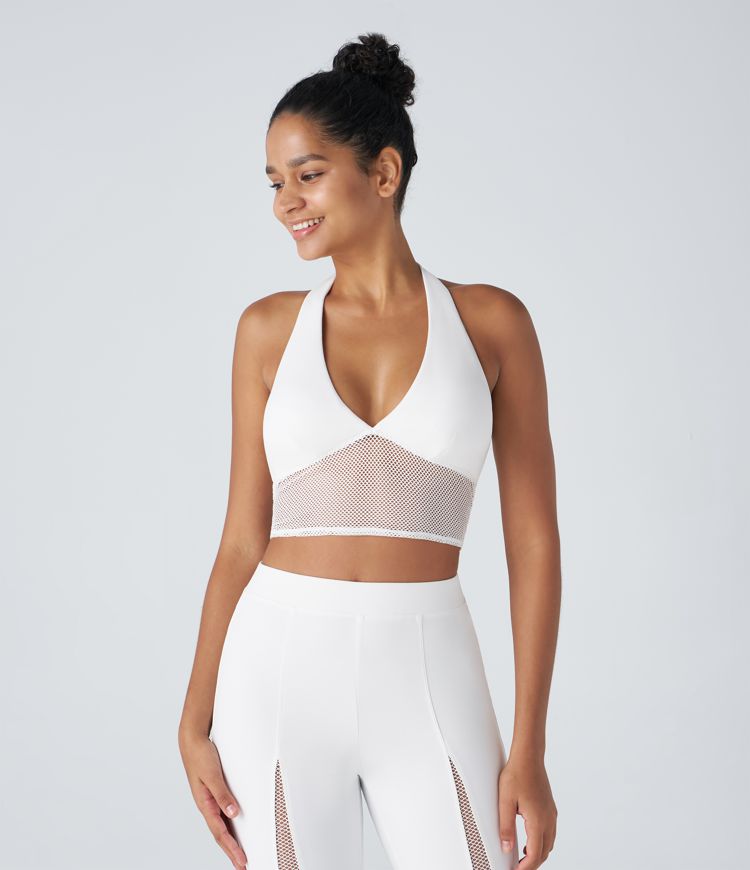 Top Softlyzero™ Plush deportivo recortado malla contrastante sin espalda cuello halter