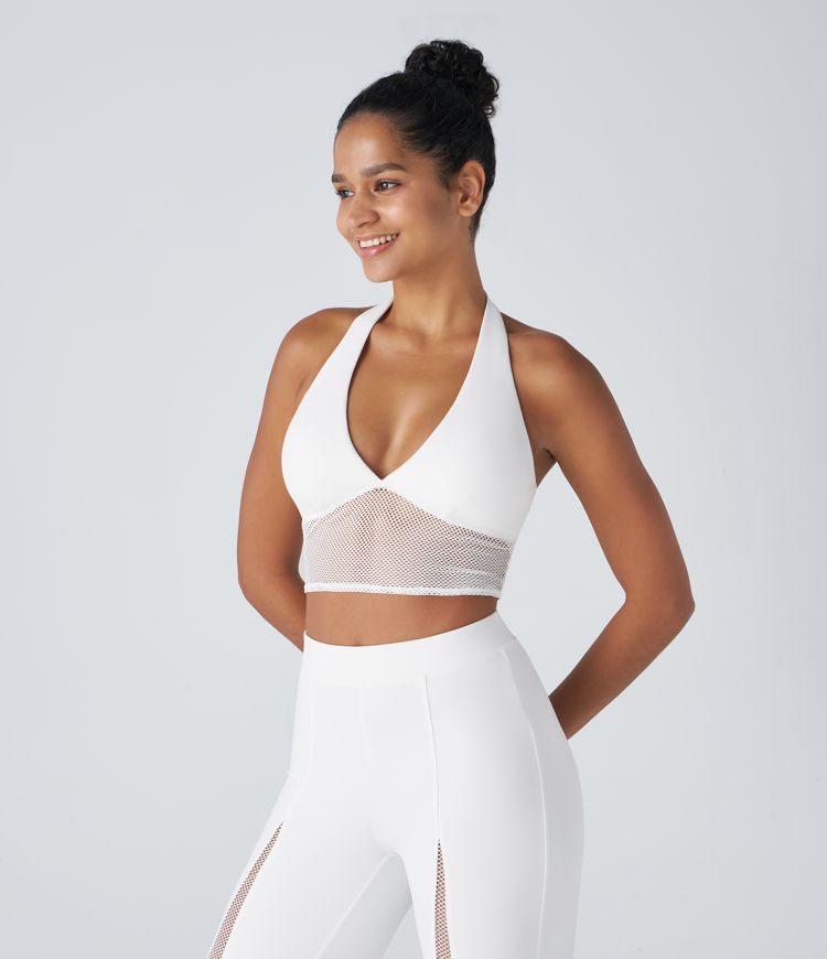 Softlyzero™ Plush Halter Backless Contrast Mesh Cropped Casual Sports Top