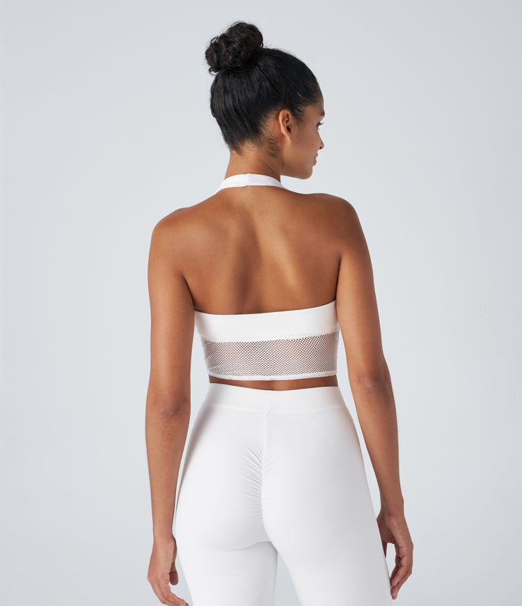 Softlyzero™ Plush Halter Backless Contrast Mesh Cropped Casual Sports Top