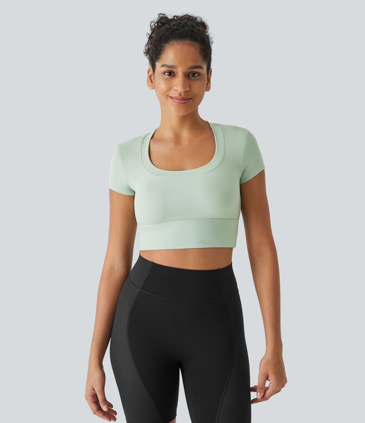 U Neck Short Sleeve Teardrop Cut Out Cropped Yoga Sports Top