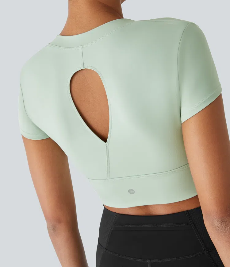 U-neck short-sleeved teardrop cutout crop yoga sports top