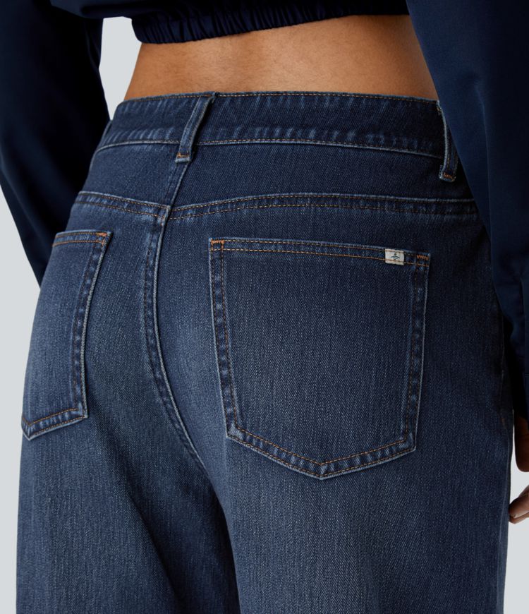 Halara Flex™ Mid Low Rise Button Zipper Multiple Pockets Washed Stretchy Knit Casual Mom Jeans