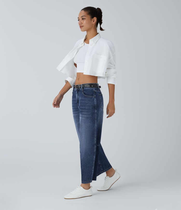 Jean décontracté Halara Flex™ taille basse avec bouton, fermeture éclair, multiples poches et jambes amples en maille extensible