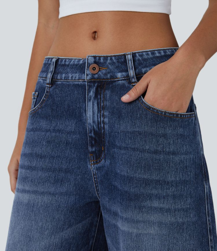 Jean décontracté Halara Flex™ taille basse avec bouton, fermeture éclair, multiples poches et jambes amples en maille extensible
