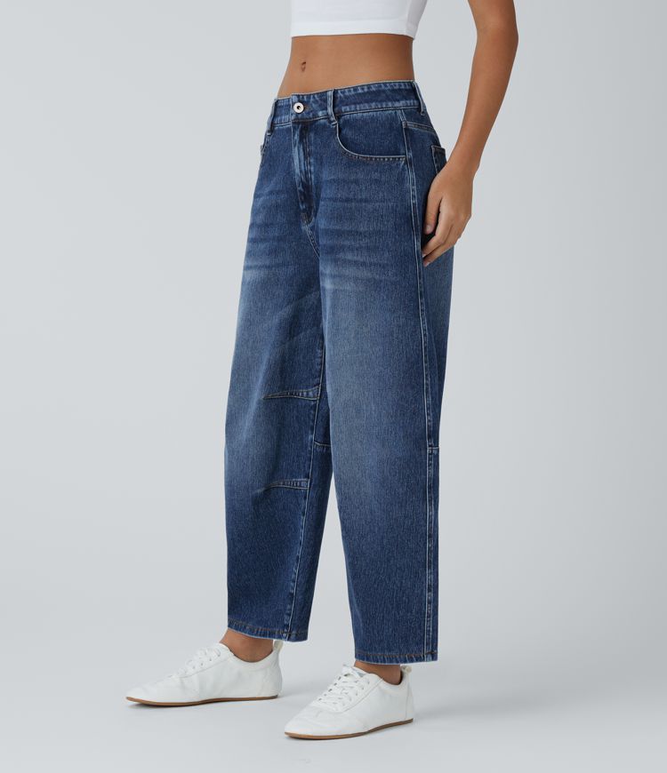 Jean décontracté Halara Flex™ taille basse avec bouton, fermeture éclair, multiples poches et jambes amples en maille extensible