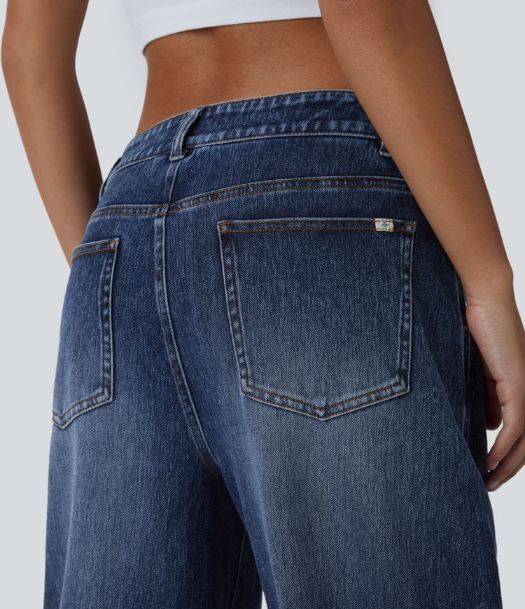 Jean décontracté Halara Flex™ taille basse avec bouton, fermeture éclair, multiples poches et jambes amples en maille extensible