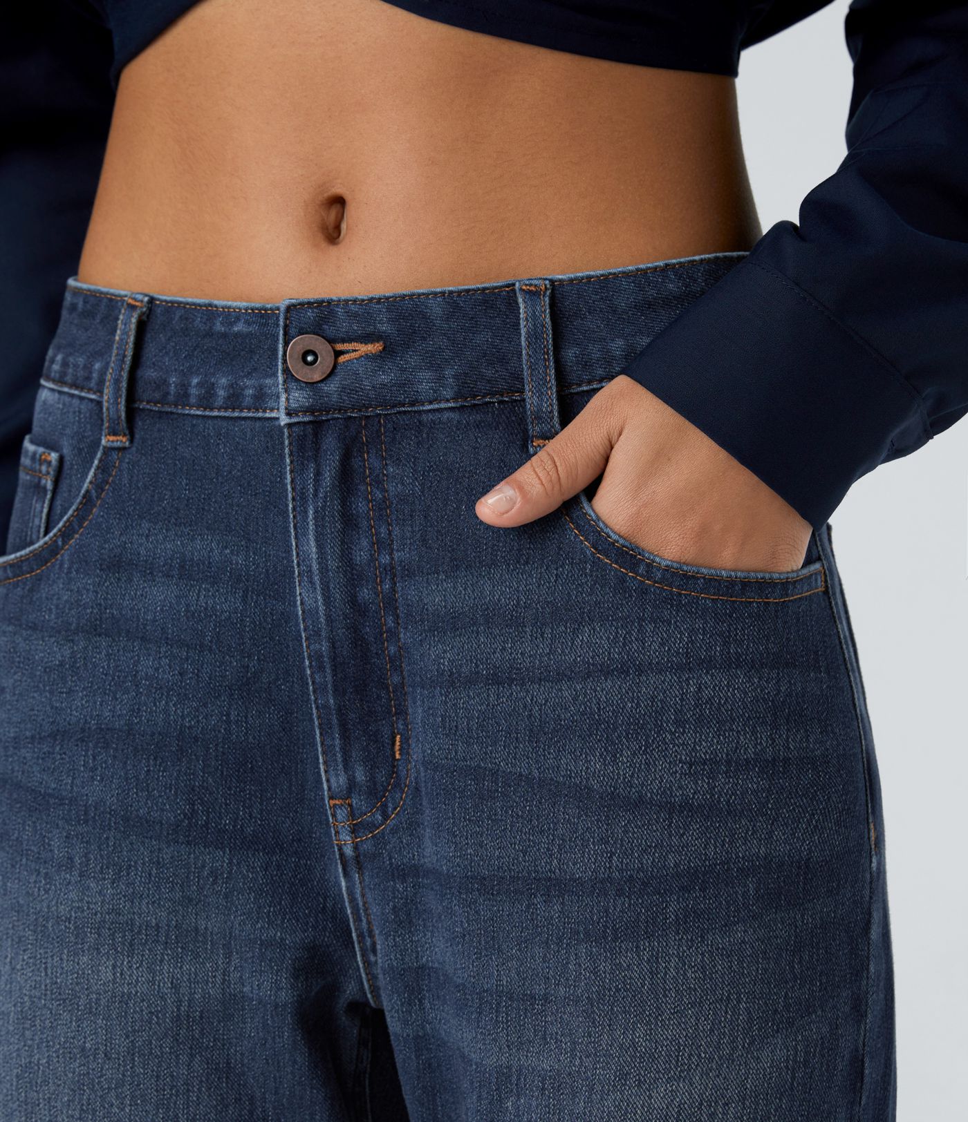 Halara Flex™ Mid Low Rise Button Zipper Multiple Pockets Washed Stretchy Knit Casual Mom Jeans