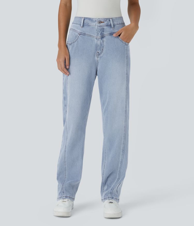 Halara Flex™ High Waisted Button Zipper Multiple Pockets Washed Stretchy Knit Casual Jeans