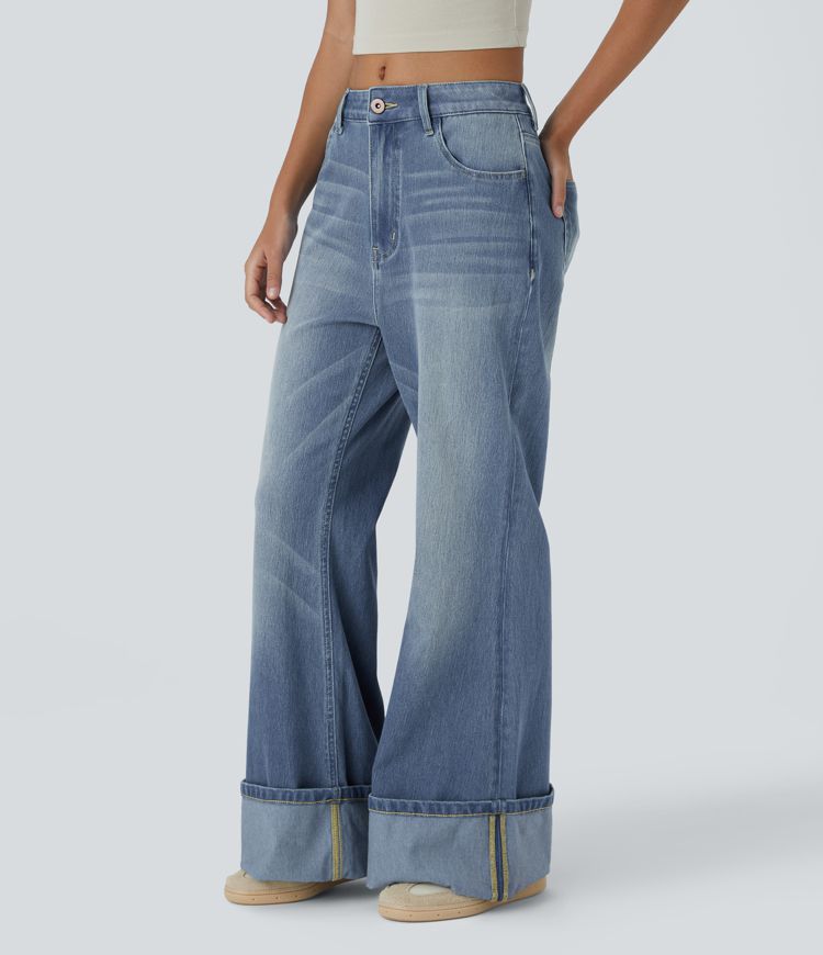 Halara Flex™ Mid Rise Zipper Pockets Washed Baggy Wide Leg Casual Jeans