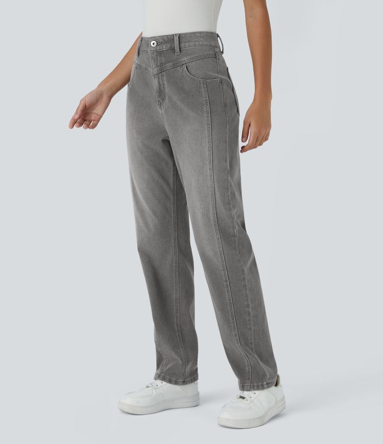 Halara Flex™ High Waisted Button Zipper Multiple Pockets Washed Stretchy Knit Casual Jeans