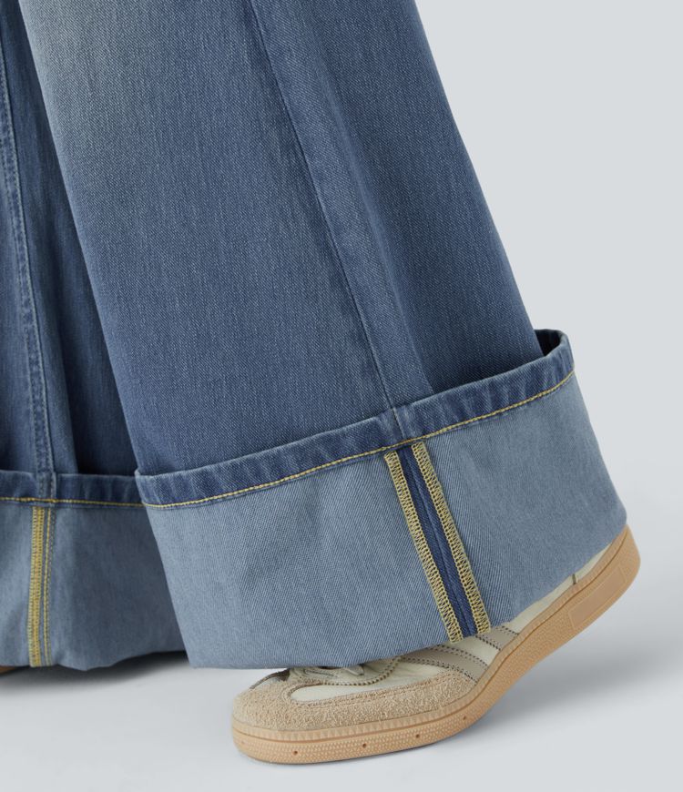 Halara Flex™ Mid Rise Zipper Pockets Washed Baggy Wide Leg Casual Jeans