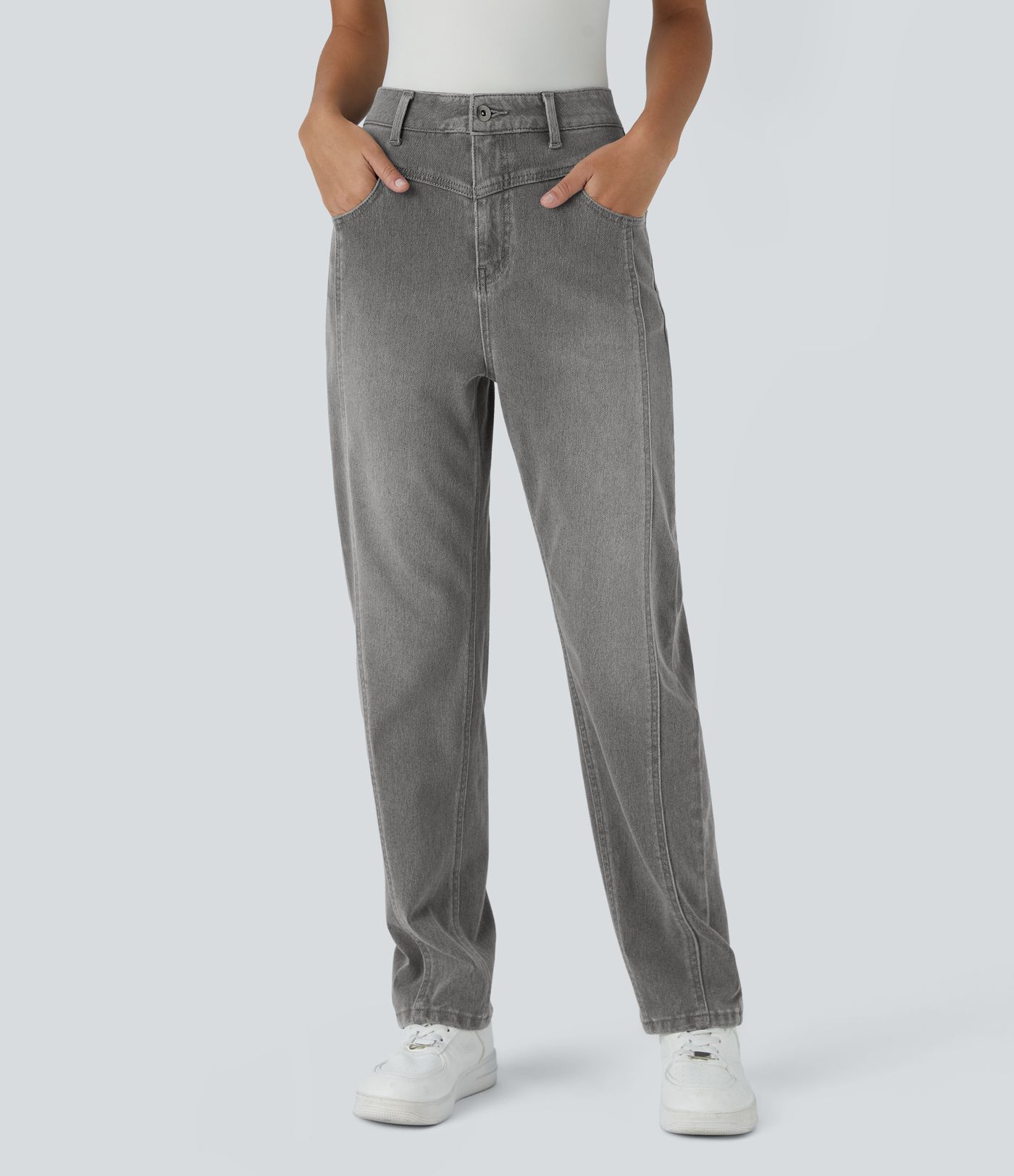 Halara Flex™ High Waisted Button Zipper Multiple Pockets Washed Stretchy Knit Casual Jeans