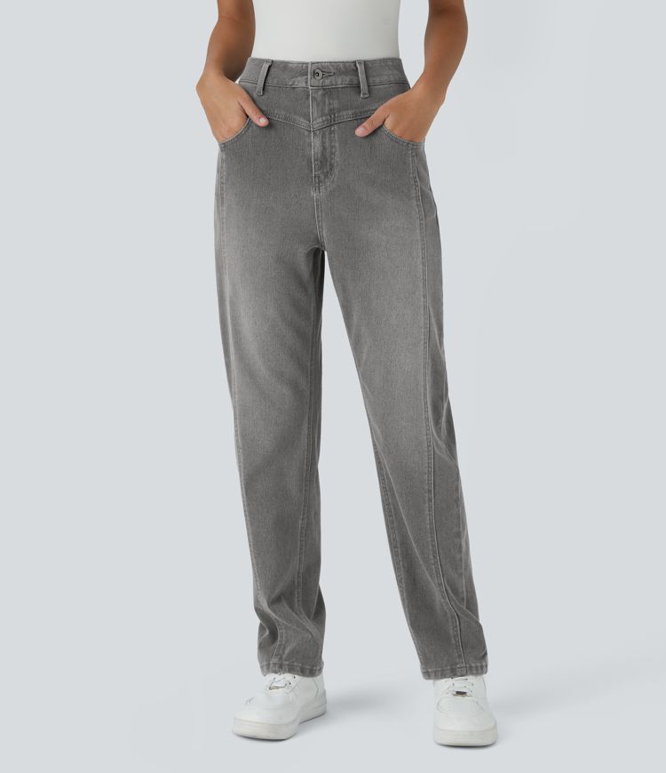 Halara Flex™ High Waisted Button Zipper Multiple Pockets Washed Stretchy Knit Casual Jeans