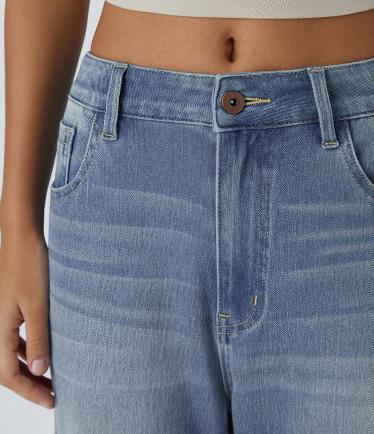 Halara Flex™ Mid Rise Zipper Pockets Washed Baggy Wide Leg Casual Jeans