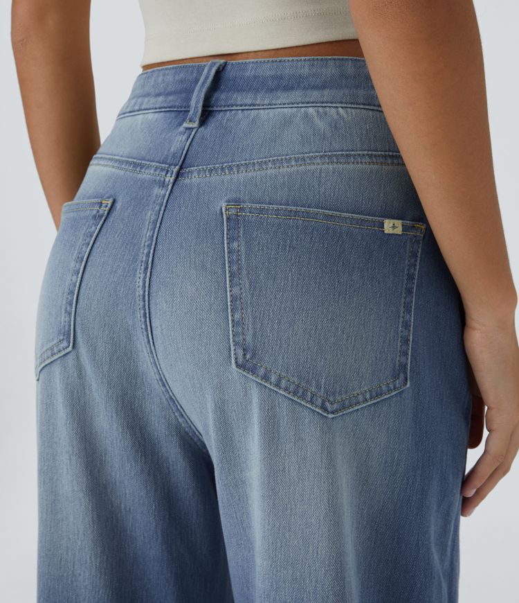 Halara Flex™ Mid Rise Zipper Pockets Washed Baggy Wide Leg Casual Jeans