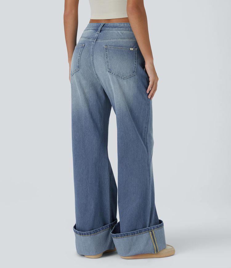 Halara Flex™ Mid Rise Zipper Pockets Washed Baggy Wide Leg Casual Jeans