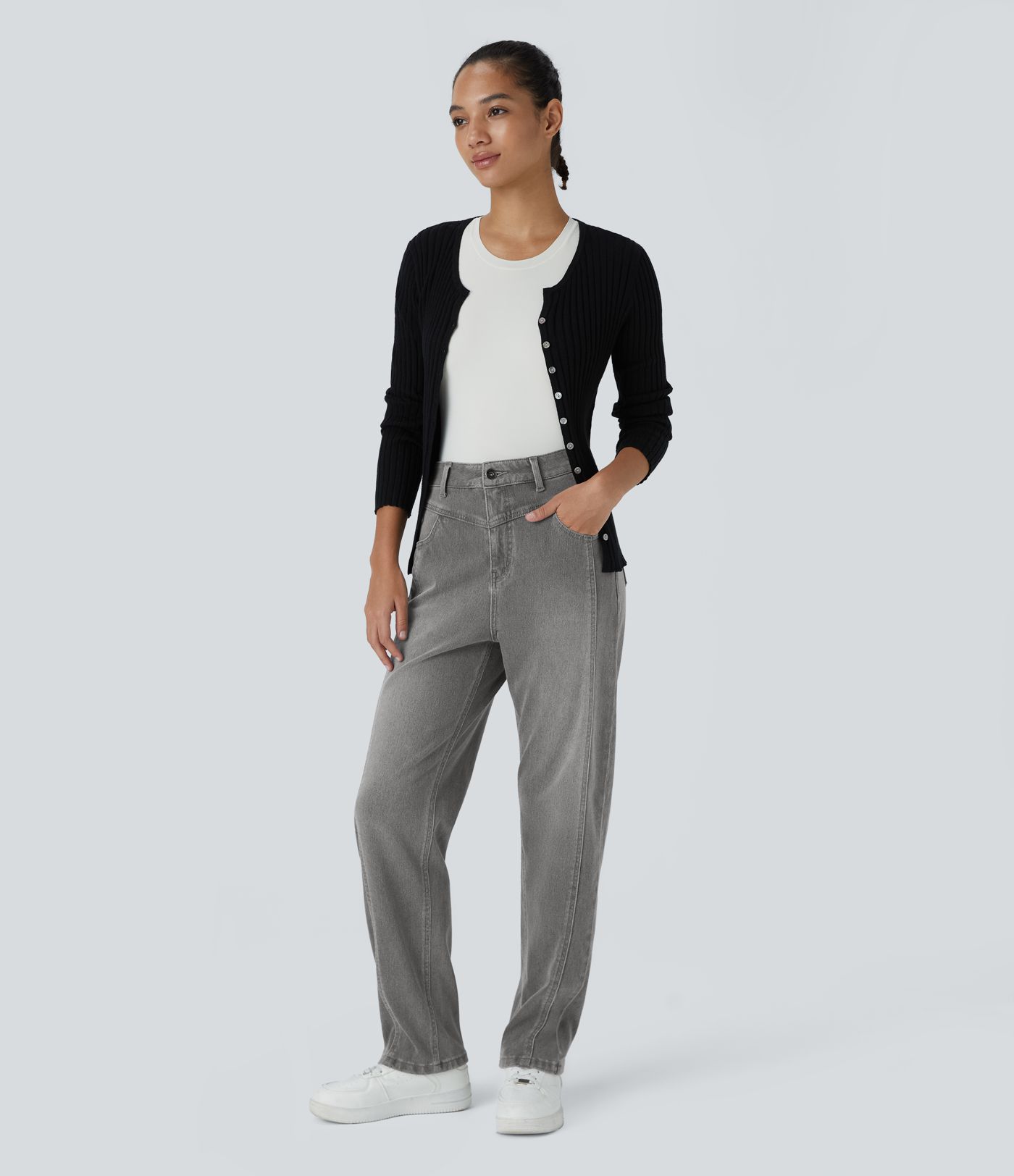 Halara Flex™ High Waisted Button Zipper Multiple Pockets Washed Stretchy Knit Casual Jeans