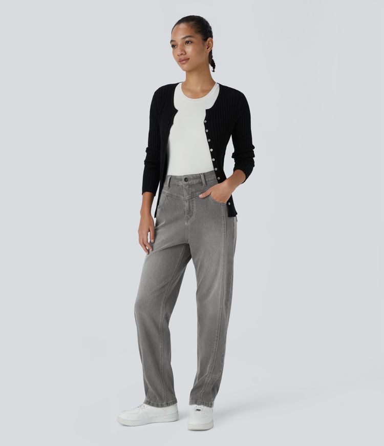 Halara Flex™ High Waisted Button Zipper Multiple Pockets Washed Stretchy Knit Casual Jeans