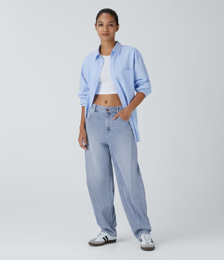 Halara Flex™ Mid-Rise Button Zipper Multi-Pocket Washed Stretch Knit Casual Mom Jeans