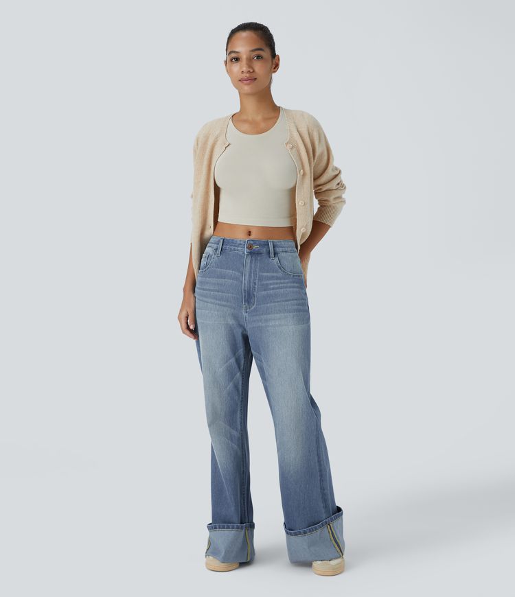 Halara Flex™ Mid Rise Zipper Pockets Washed Baggy Wide Leg Casual Jeans