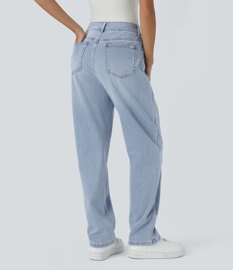 Halara Flex™ High Waisted Button Zipper Multiple Pockets Washed Stretchy Knit Casual Jeans