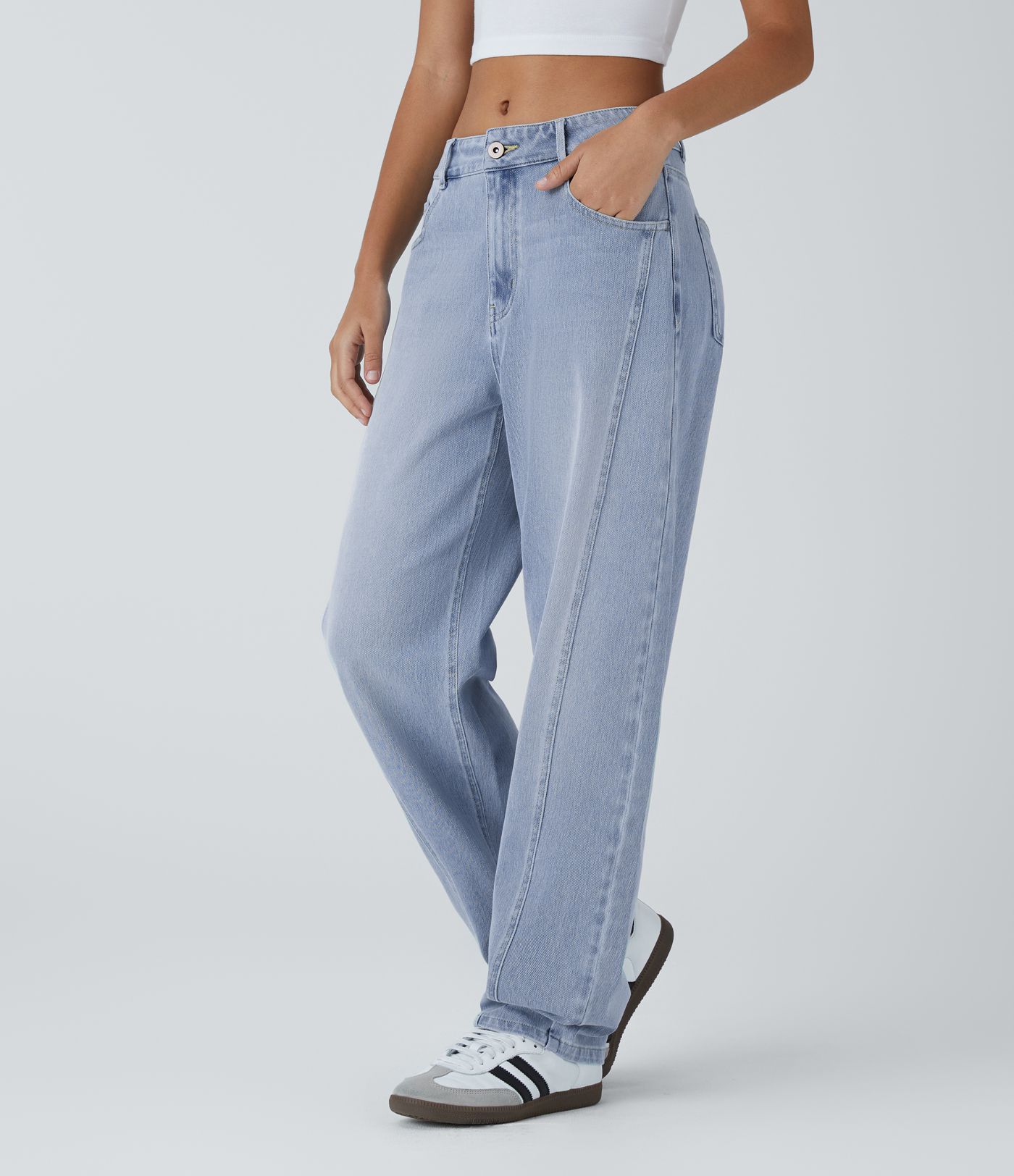 Halara Flex™ Mid-Rise Button Zipper Multi-Pocket Washed Stretch Knit Casual Mom Jeans