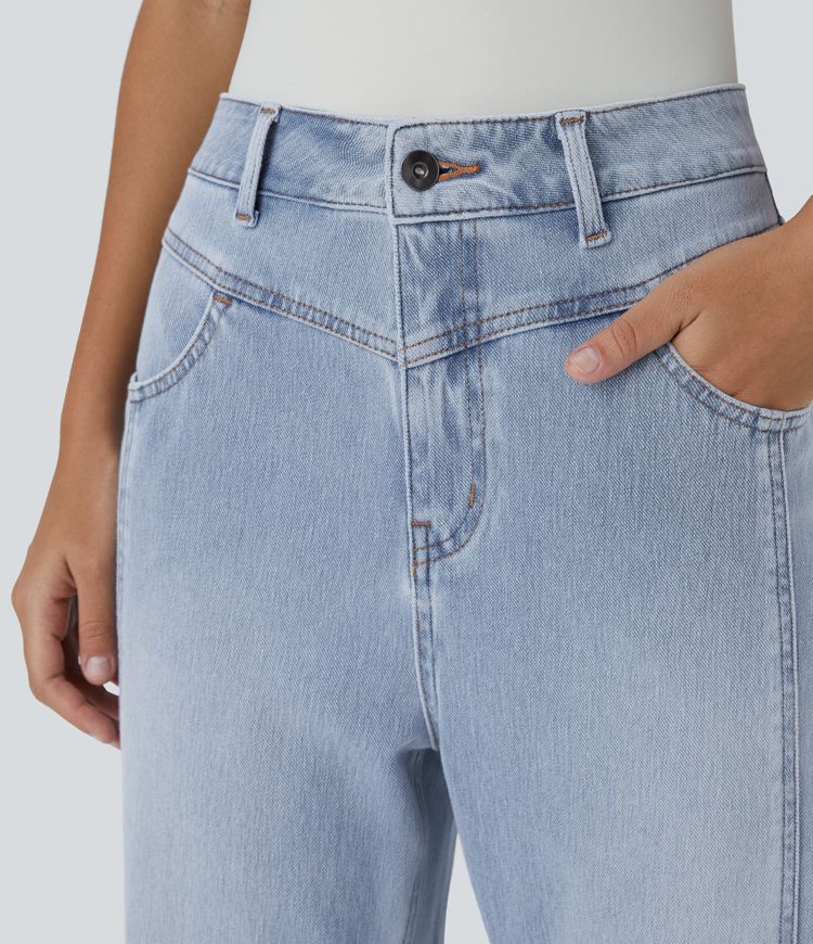 Halara Flex™ High Waisted Button Zipper Multiple Pockets Washed Stretchy Knit Casual Jeans