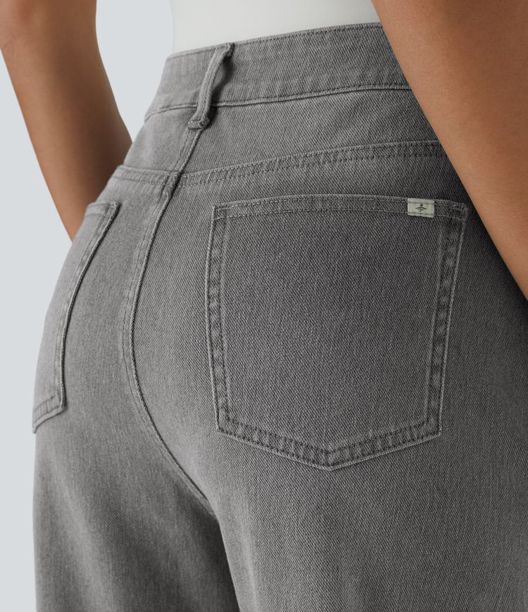 Halara Flex™ High Waisted Button Zipper Multiple Pockets Washed Stretchy Knit Casual Jeans