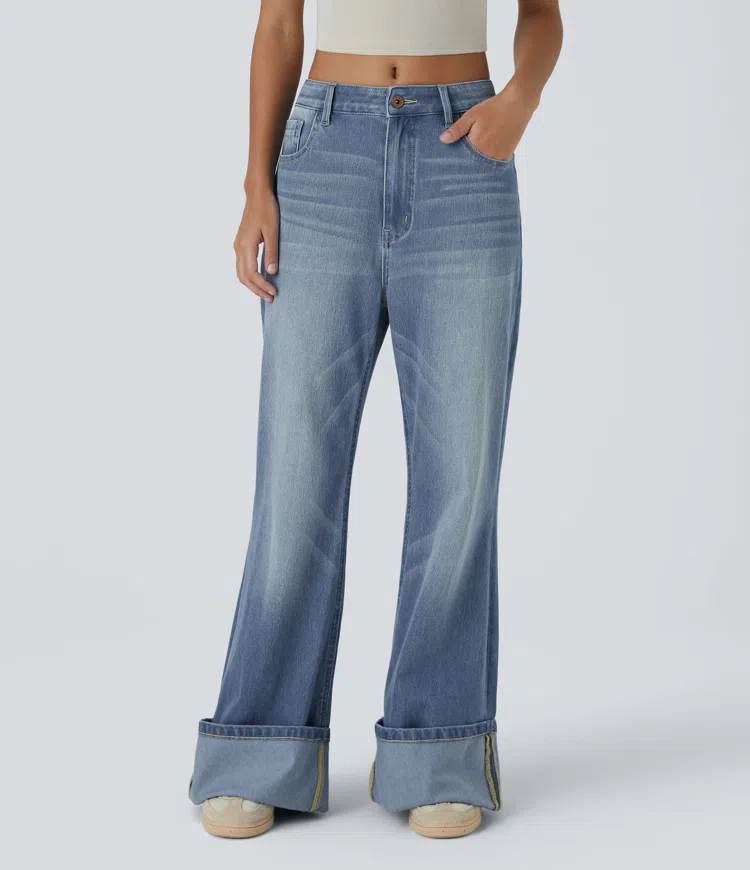 Halara Flex™ Mid Rise Zipper Pockets Washed Baggy Wide Leg Casual Jeans