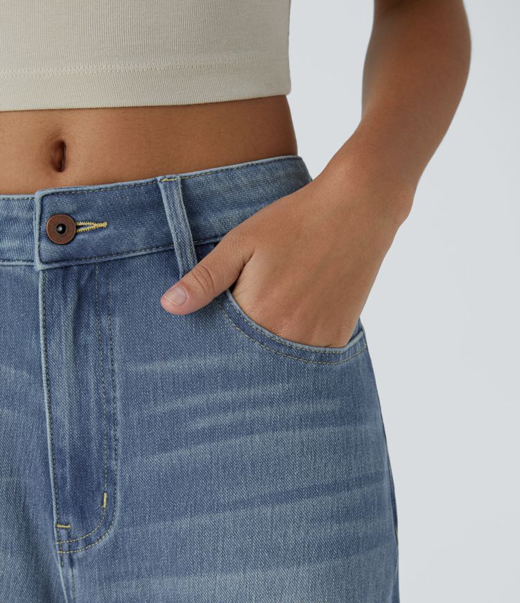 Halara Flex™ Mid Rise Zipper Pockets Washed Baggy Wide Leg Casual Jeans