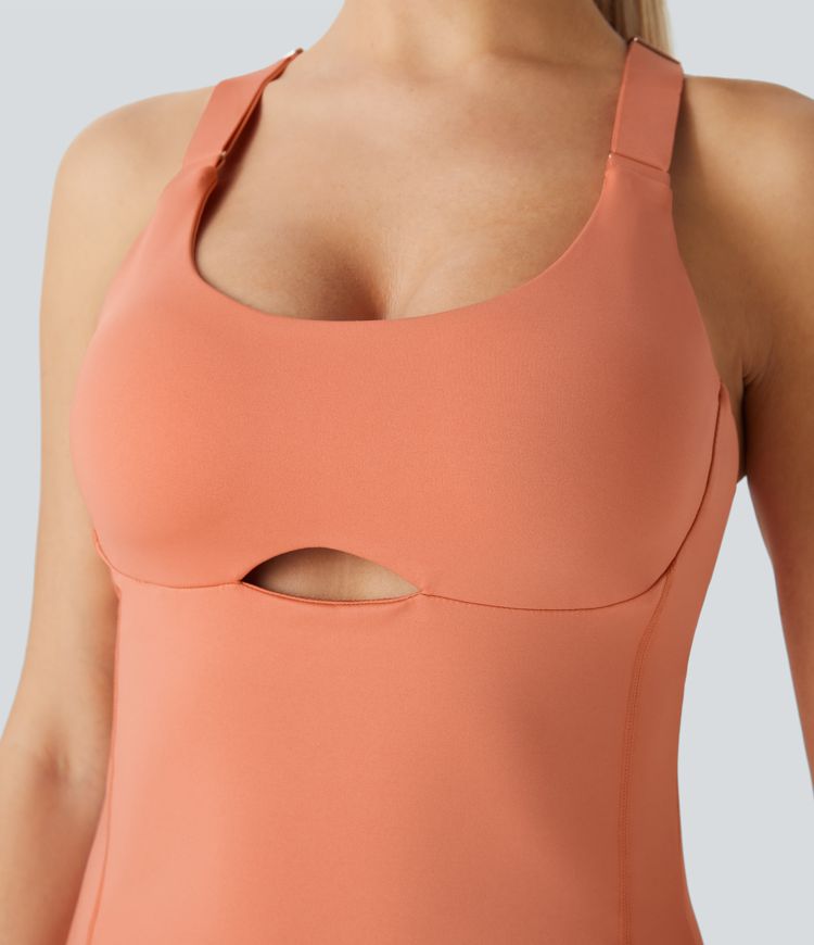 Mini vestido activo Pickleball dividido cuello U correa ajustable espalda cruzada corte bolsillo lateral 2 pieza