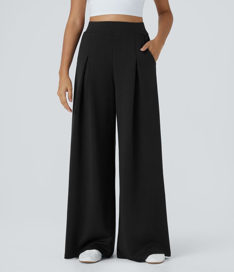 High Waisted Side Pocket Wide Leg Casual Pants