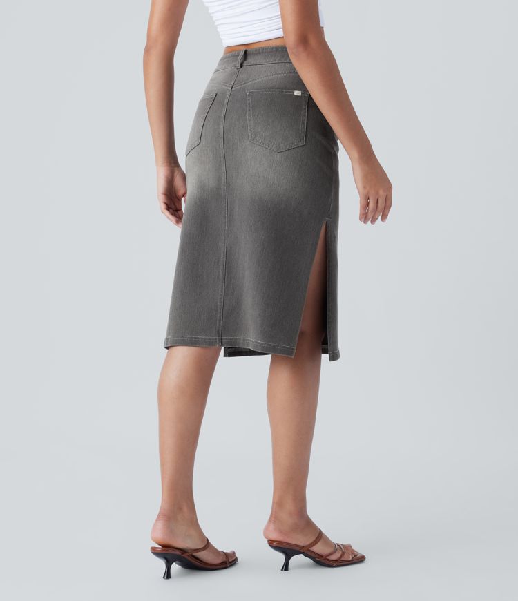 Halara Flex™ Mid Rise Zipper Pockets Denim Casual Midi Skirt